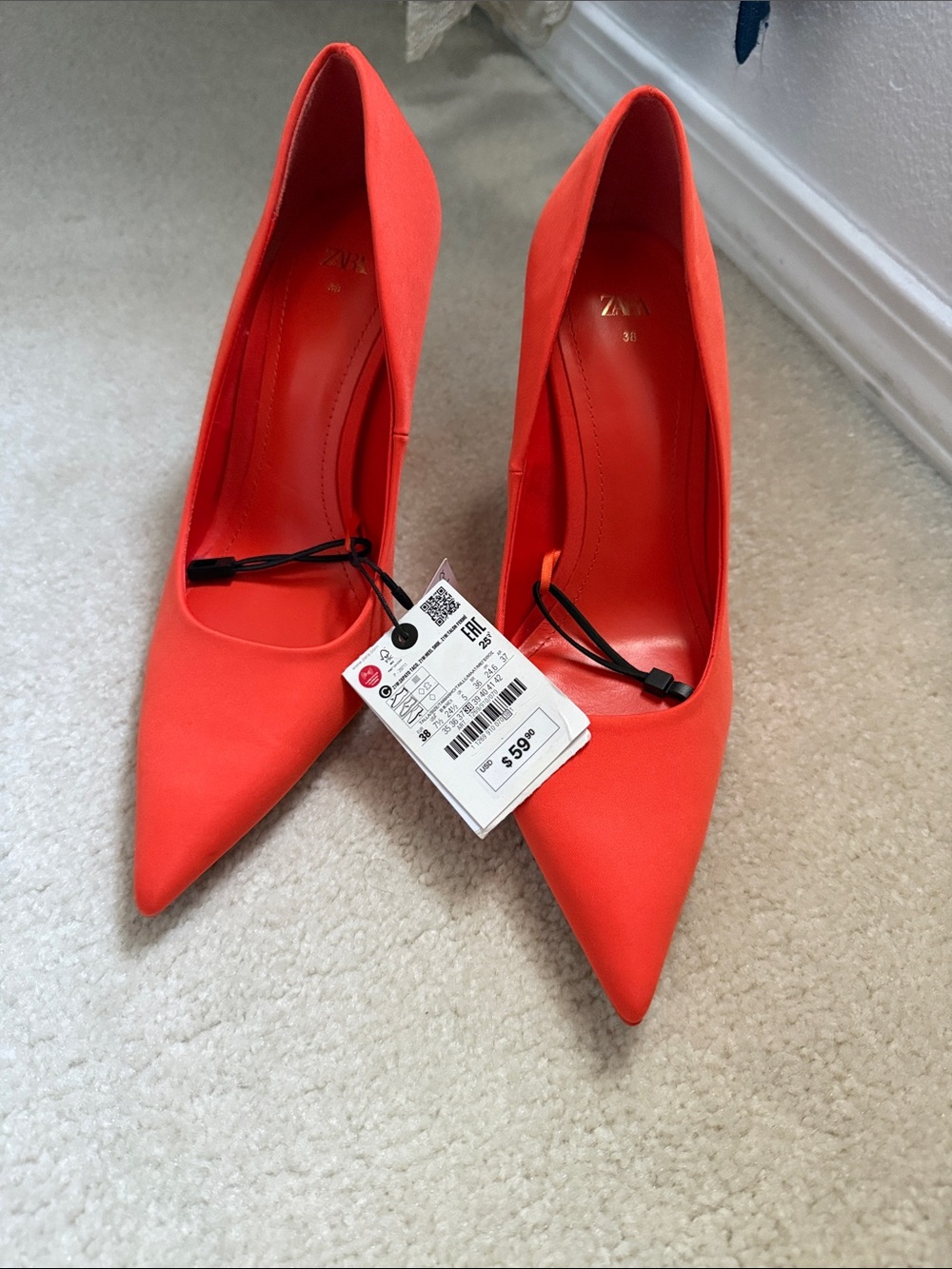 Zara Coral-Red Pointed Toe Satin Pumps